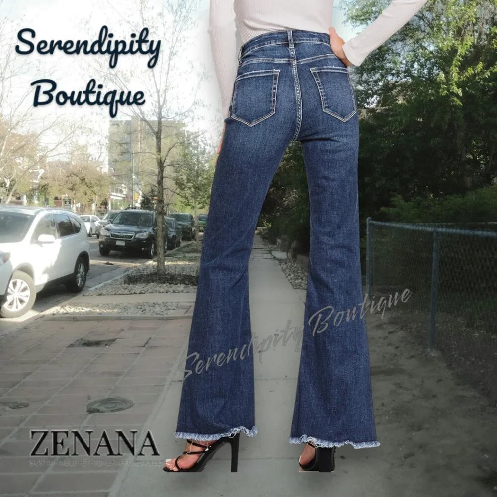 Zenana Super Stretch High Rise Bell Bottom Retro 70s Dark Wash Jeans - Picture 3 of 16